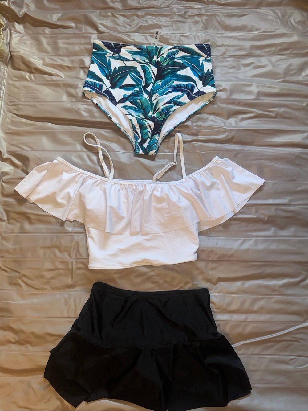 SHEIN high rise bottoms, skirt bottoms and off shoulder white top. Size med NWT